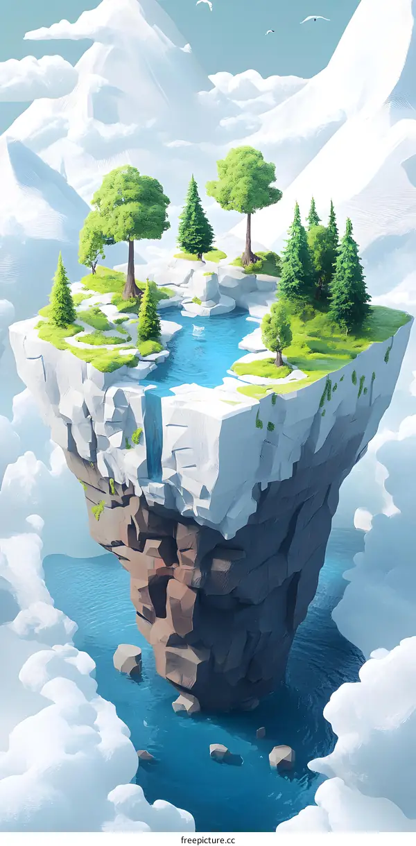 Floating Island with Trees and Waterfall