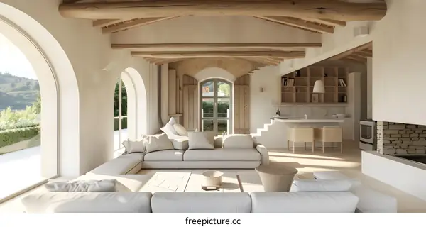 Modern Farmhouse Living Room with Arched Windows and Exposed Beams