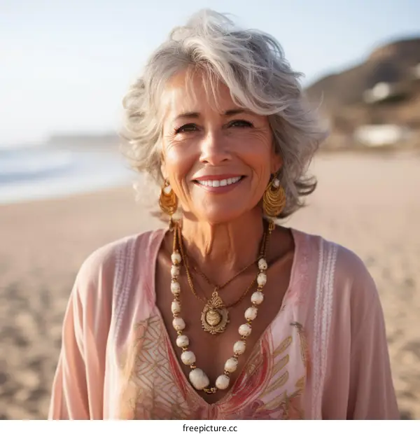 Portrait of a smiling mature woman with gray hair wearing a pink and white kaftan
