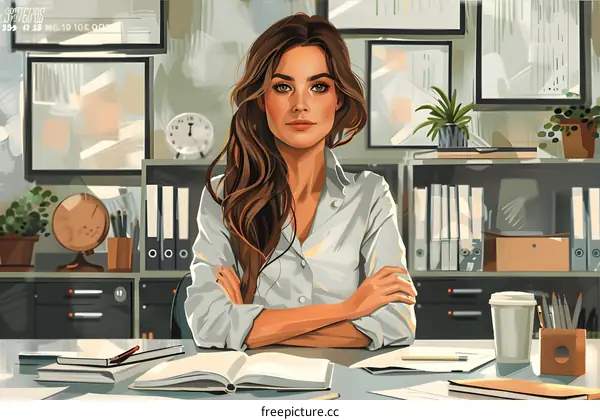 businesswoman sitting at her desk looking confident