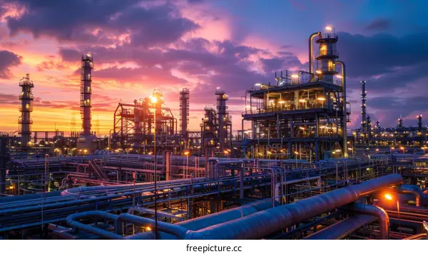 Oil Refinery at Sunset - Industrial Production
