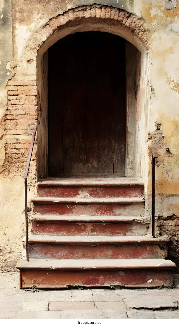 Old Wooden Doorway With Red Steps