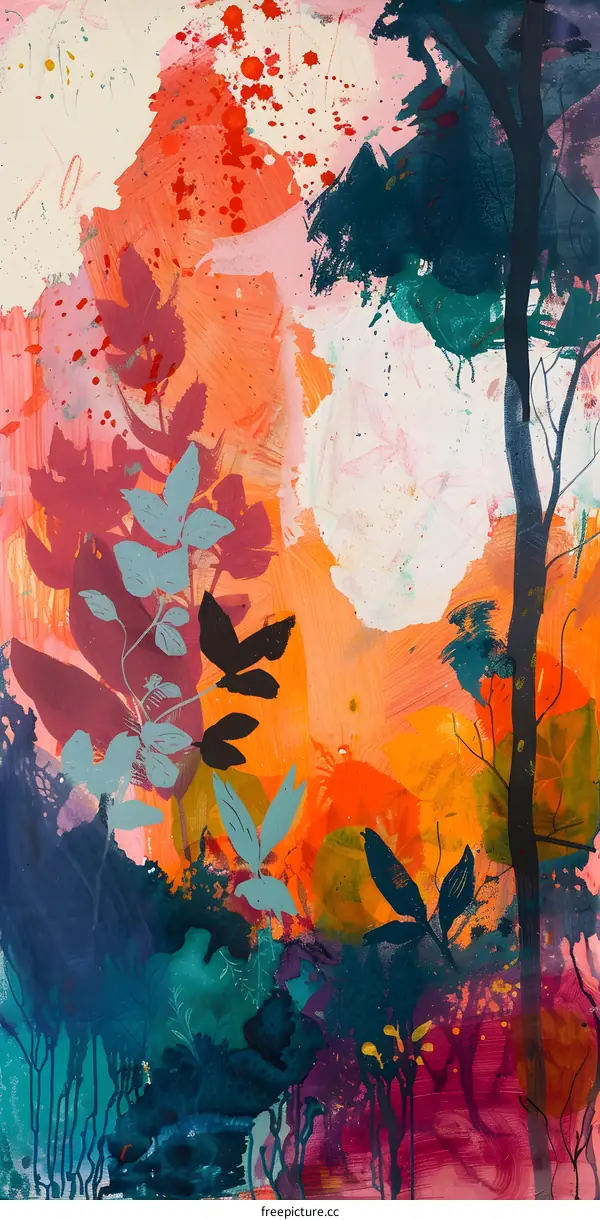 Abstract Landscape Painting with Bright Colors and Splashes of Paint