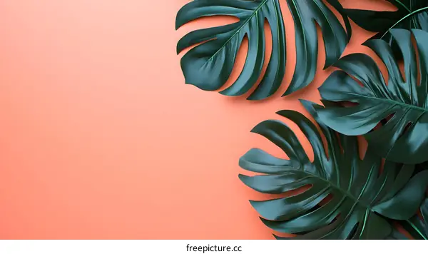 Green Monstera Leaves on Coral Background