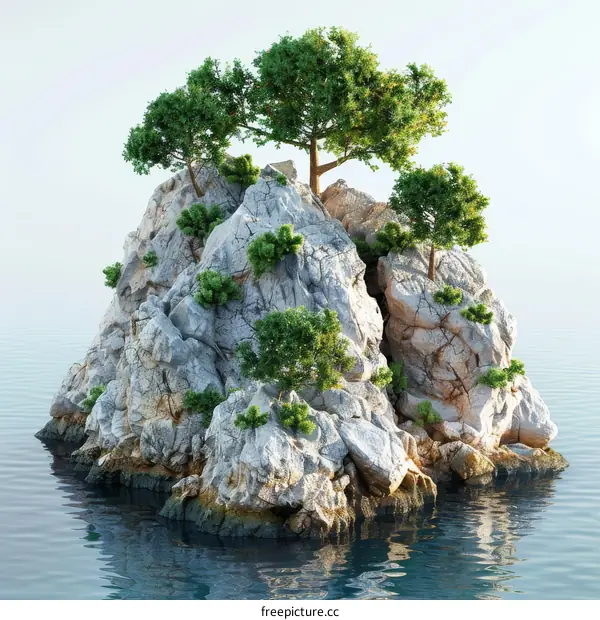 Solitary Rocky Island with Lush Trees in the Ocean