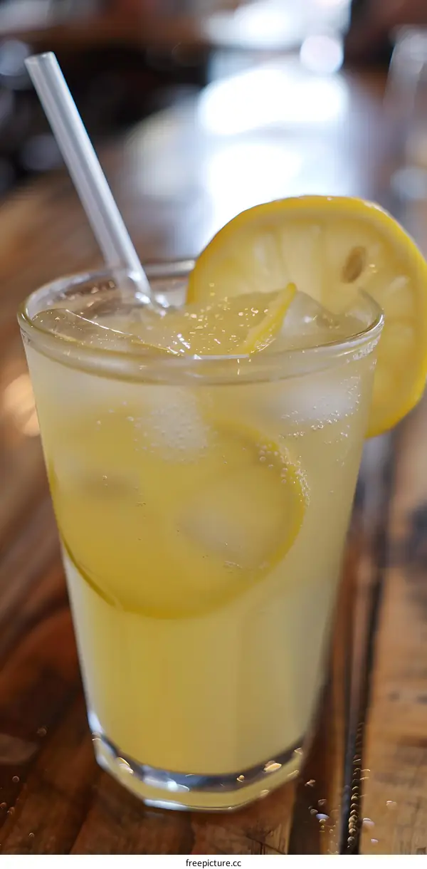 Refreshing Lemonade with Ice and Lemon Slice in Glass