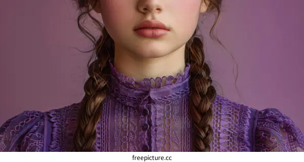 Portrait of a young woman with long brown hair and purple lace dress