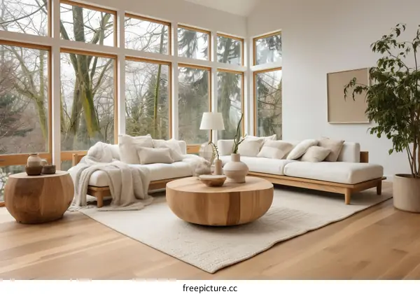 Airy and bright living room with large windows and a cozy seating area