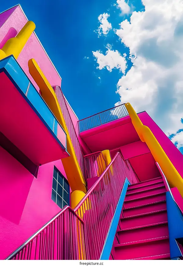 Pink Building with Blue and Yellow Accents Under a Cloudy Sky