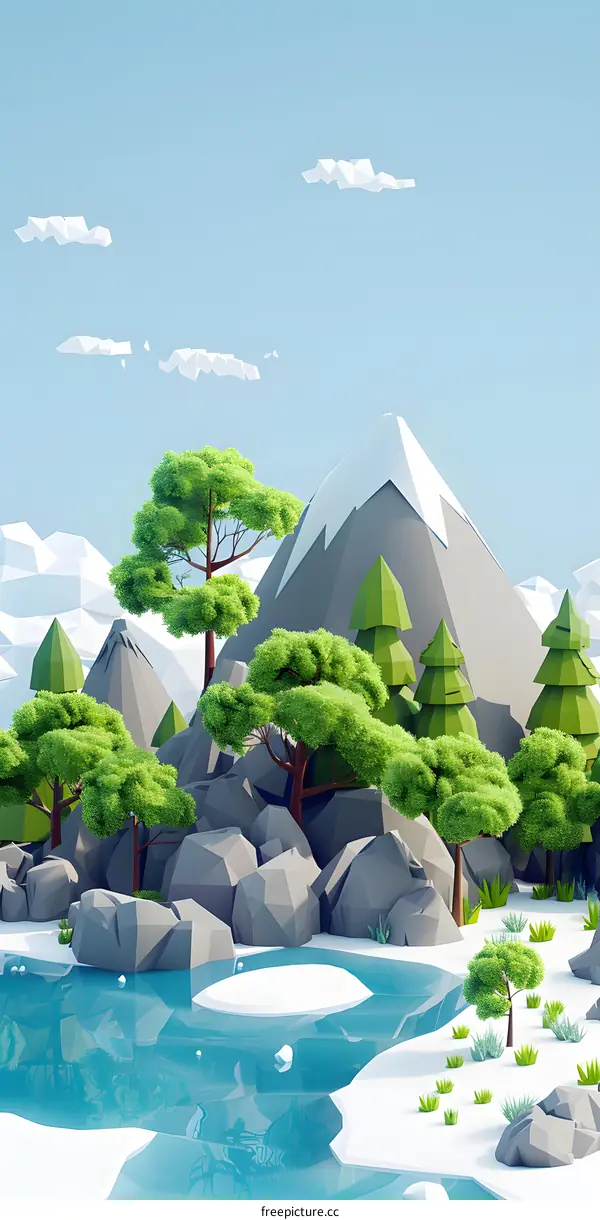 Low Poly Mountain Landscape with Trees and Water