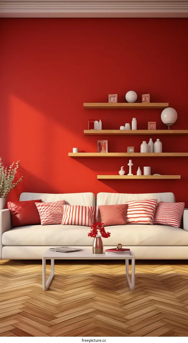 Red living room interior with white sofa and wooden shelves
