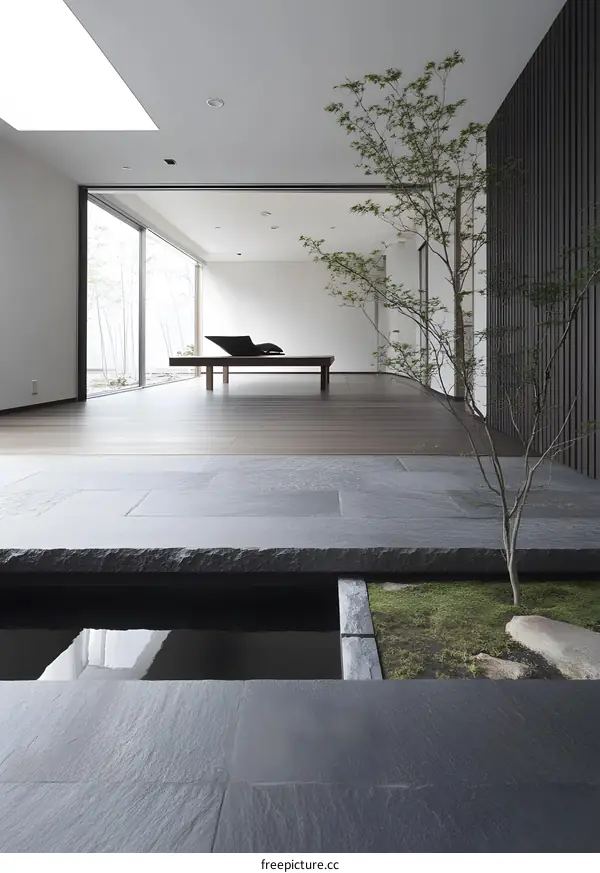 Minimalist Japanese House Interior Design with Garden and Pond