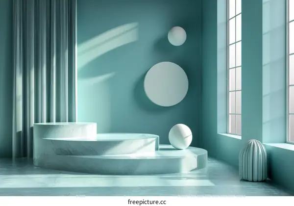 Green Minimalist Product Display Stand With  Curtains And Window