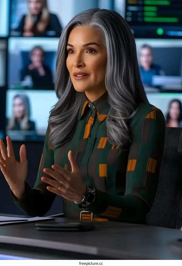 Woman In Green Dress Talking In Front Of A Screen