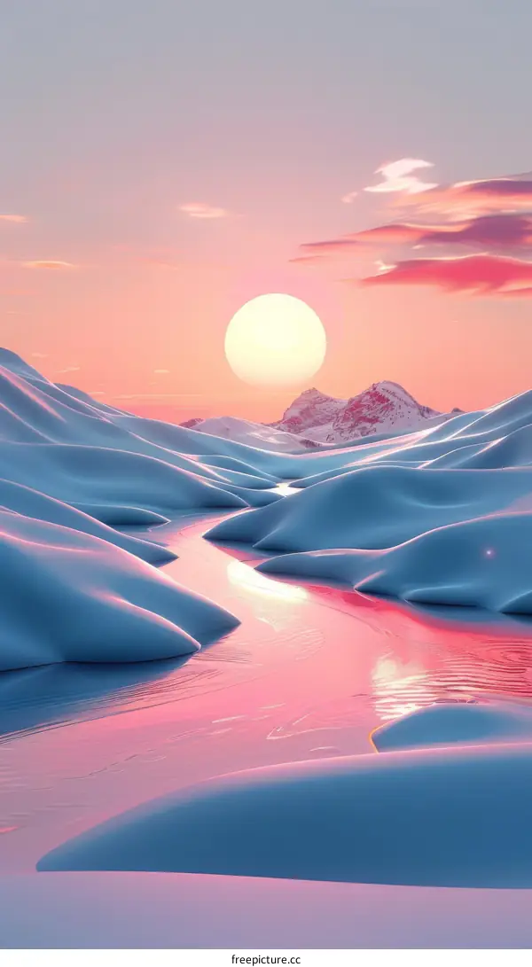 Frozen Pink River Landscape Reflected in Glacier Sunset