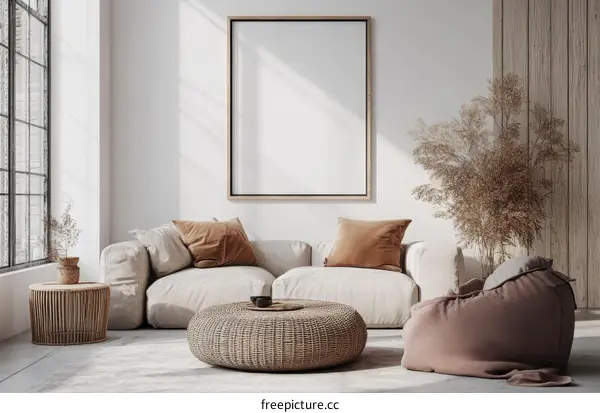 Modern Beige Living Room Interior Mockup with Empty Frame
