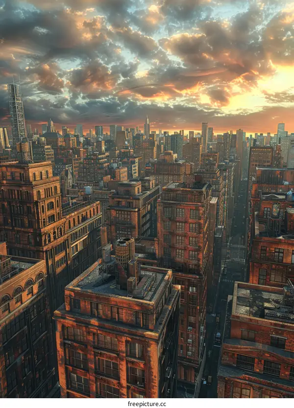 Aerial View of a Brick Building City at Sunset