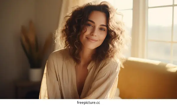 Portrait of a beautiful young woman with curly hair smiling and looking at the camera