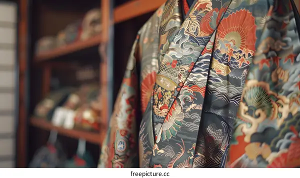 A kimono with a pattern of dragons and waves