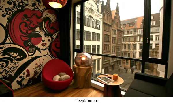 Modern interior of a residential building with a large window