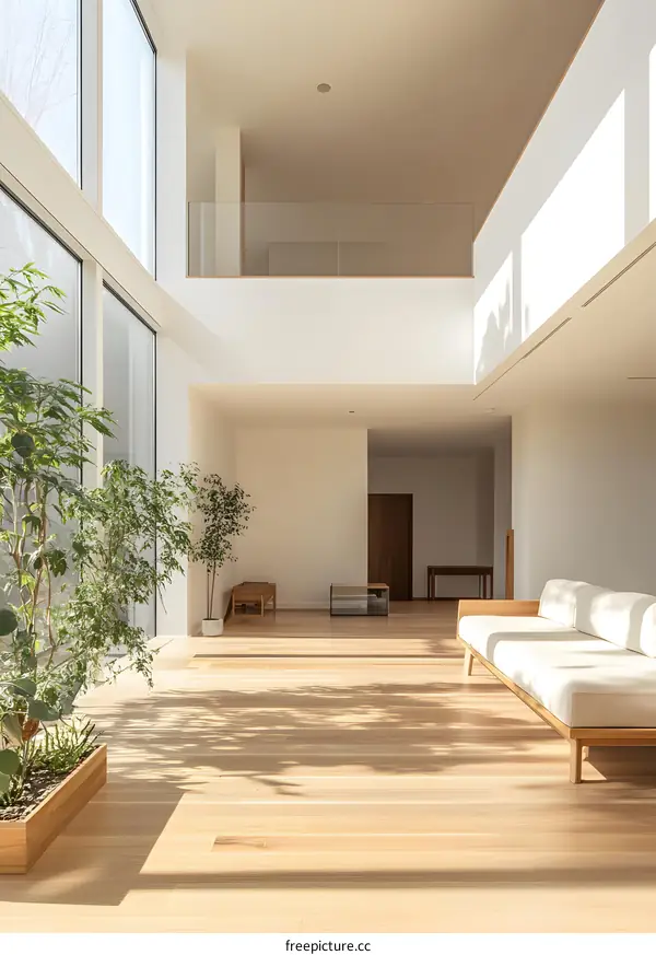 Modern Minimalist Living Room Design with White Walls, Wooden Flooring, and Large Windows