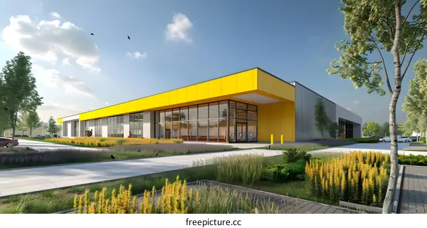 A modern office building with a yellow facade