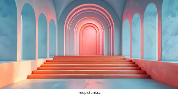 Archway Corridor with Geometric Design in Soft Pink and Blue