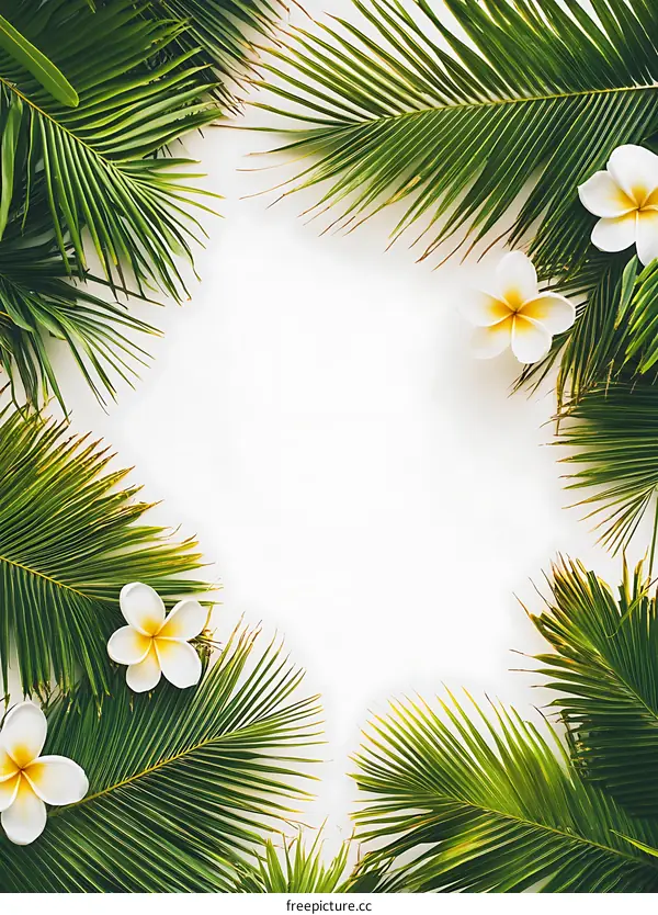 Tropical Palm Leaves and White Flowers Frame