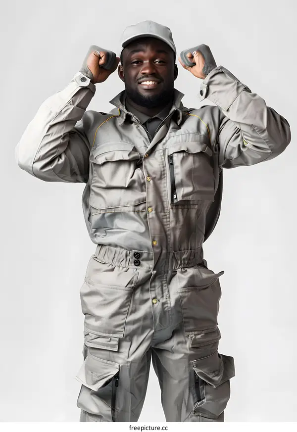 Confident African American Mechanic in Gray Uniform
