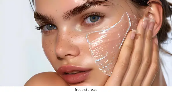 Close up of a young woman with freckles applying a transparent facial mask