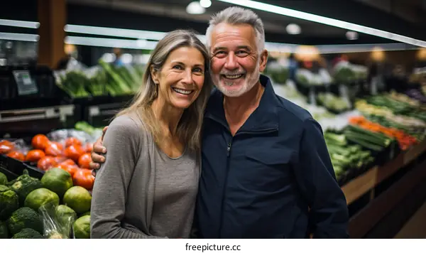 Happy senior couple shopping for groceries together