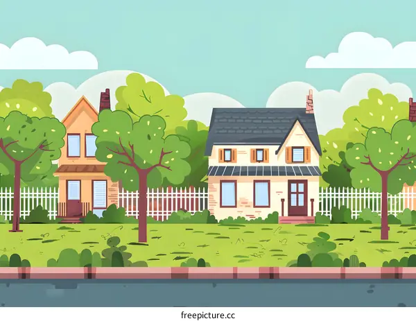 Cartoon Illustration of Houses with Green Trees and White Fence