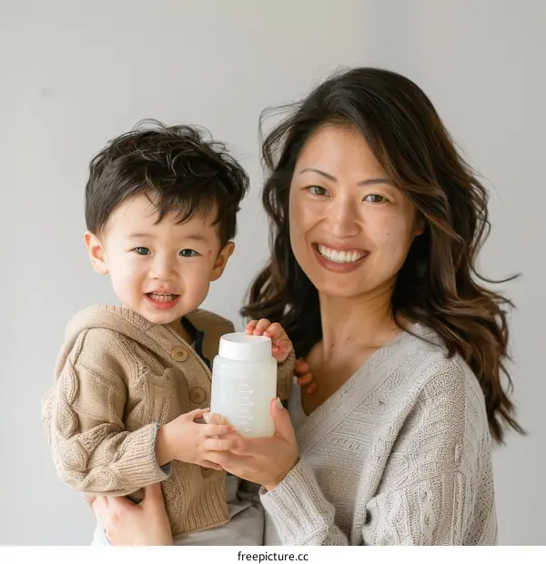 Asian mother holding her toddler son in her arms and smiling at the camera