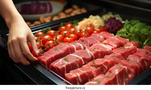 Caucasian woman's hand reaching for a package of cherry tomatoes next to raw steaks in a refrigerated case