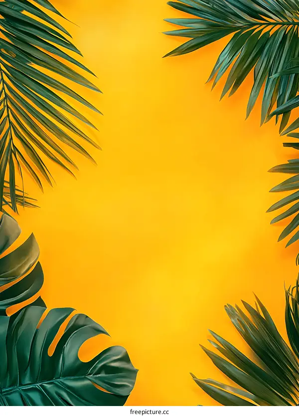 Tropical Palm Leaves on Yellow Background
