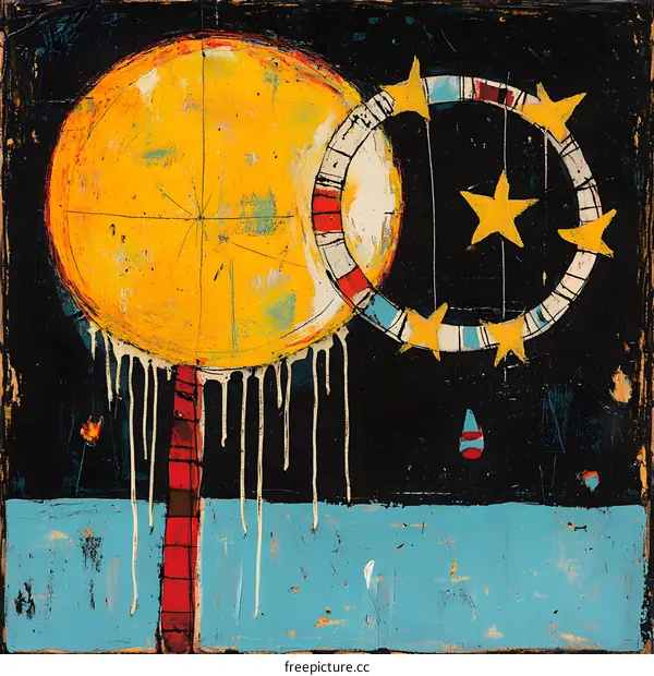 Abstract Painting of a Yellow Sun and Stars