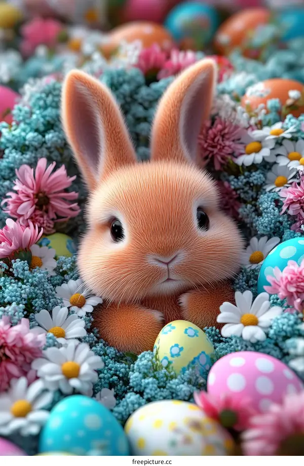Adorable Easter Bunny Nestled among Colorful Eggs and Flowers