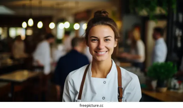 portrait of a young female chef smiling in a restaurant