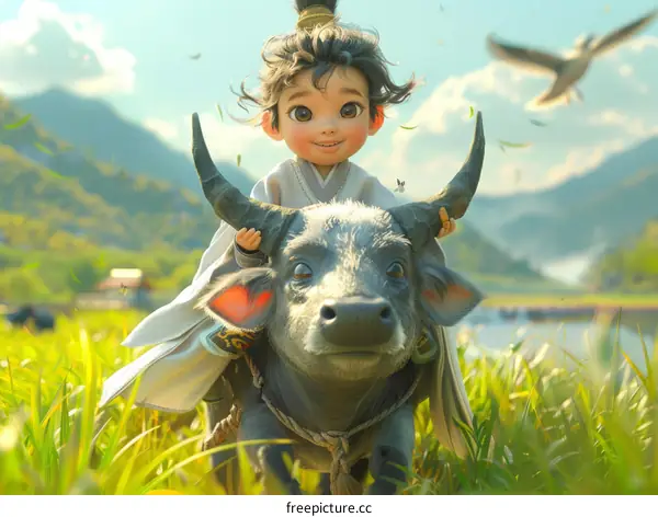 A young boy riding a buffalo across a field in China