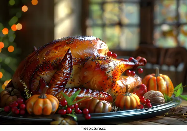 Roasted turkey with pumpkins and nuts on a plate