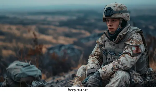 A soldier sits on a rocky hilltop overlooking a barren landscape.