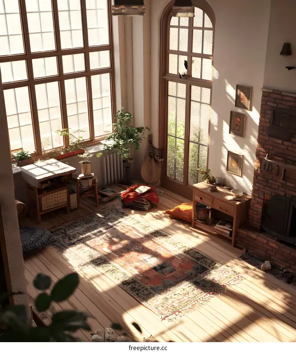 Cozy Living Room With Wooden Floor And Big Window