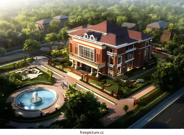 Modern Mansion with Beautiful Garden and Fountain