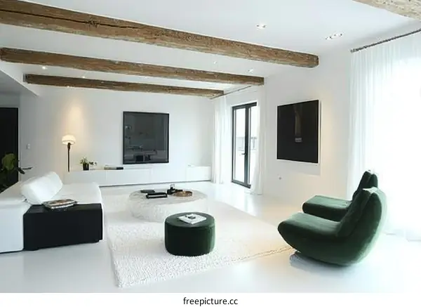 Modern Minimalist Living Room Design with Wooden Beams