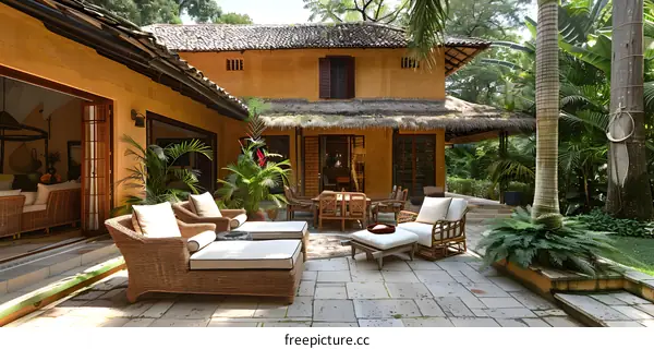 Courtyard with a seating area and a dining area
