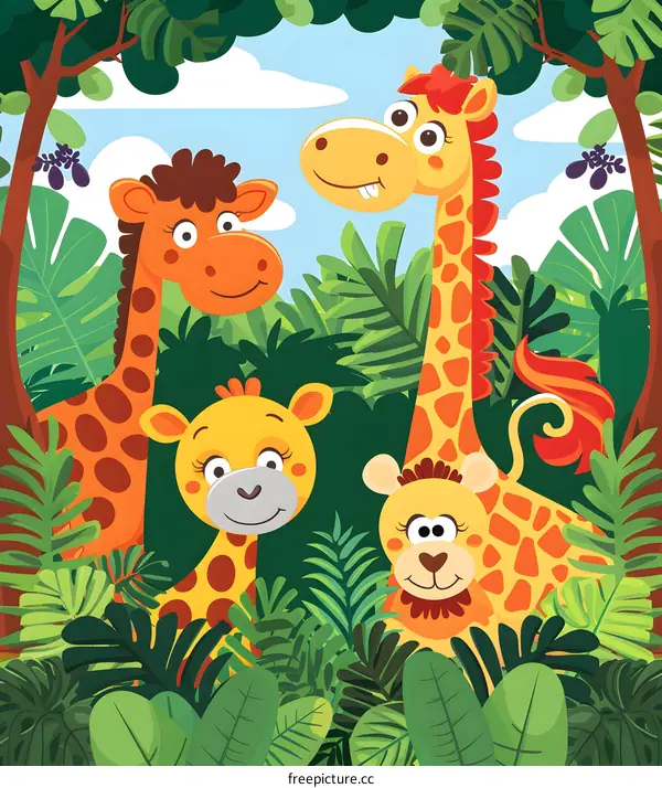Cute Giraffe Animals in Jungle Illustration