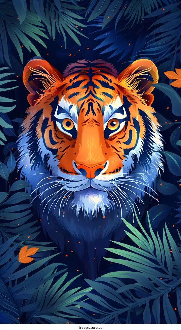 Tiger Portrait In Jungle Foliage