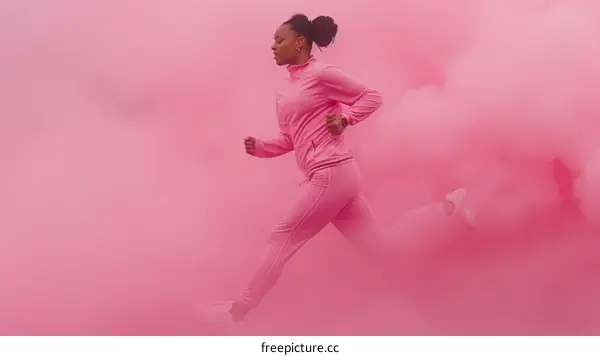African American woman running in pink smoke