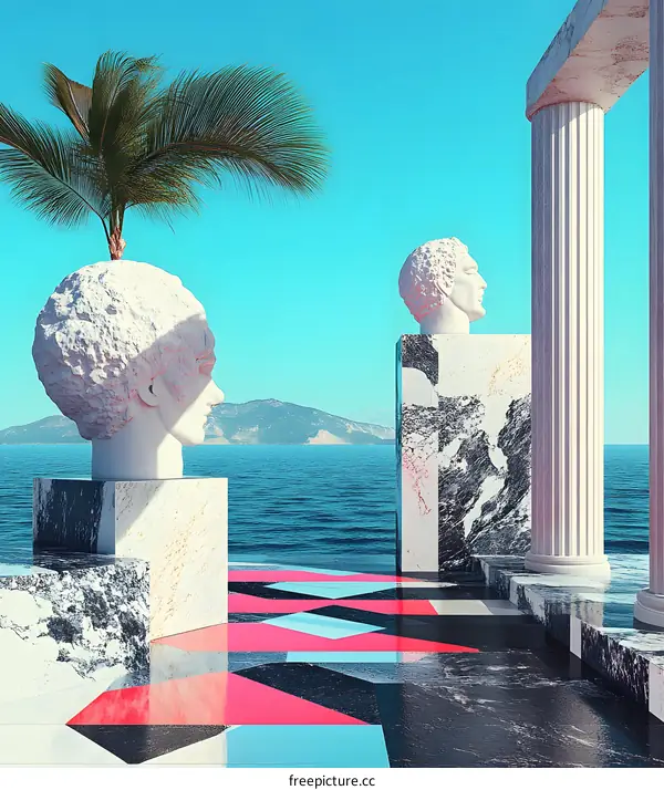 Abstract Minimalist Sculpture Scene with Palm Tree