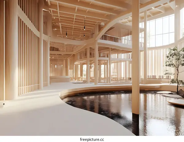 Modern Minimalist Wooden Building Interior Design With A Small Pond